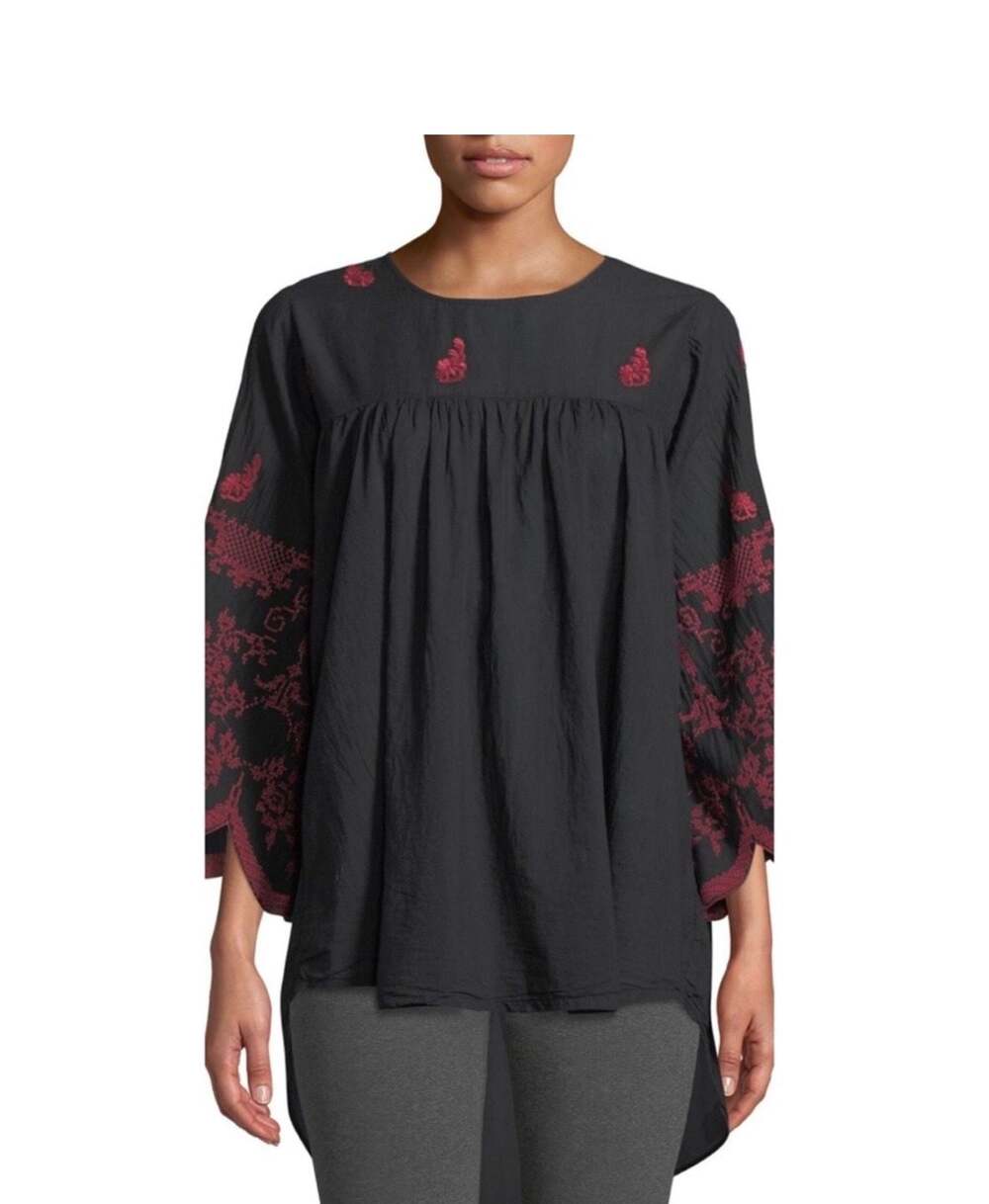 Johnny Was Rose Stitch Voile Black & Red Embroidered Tunic Blouse Size L